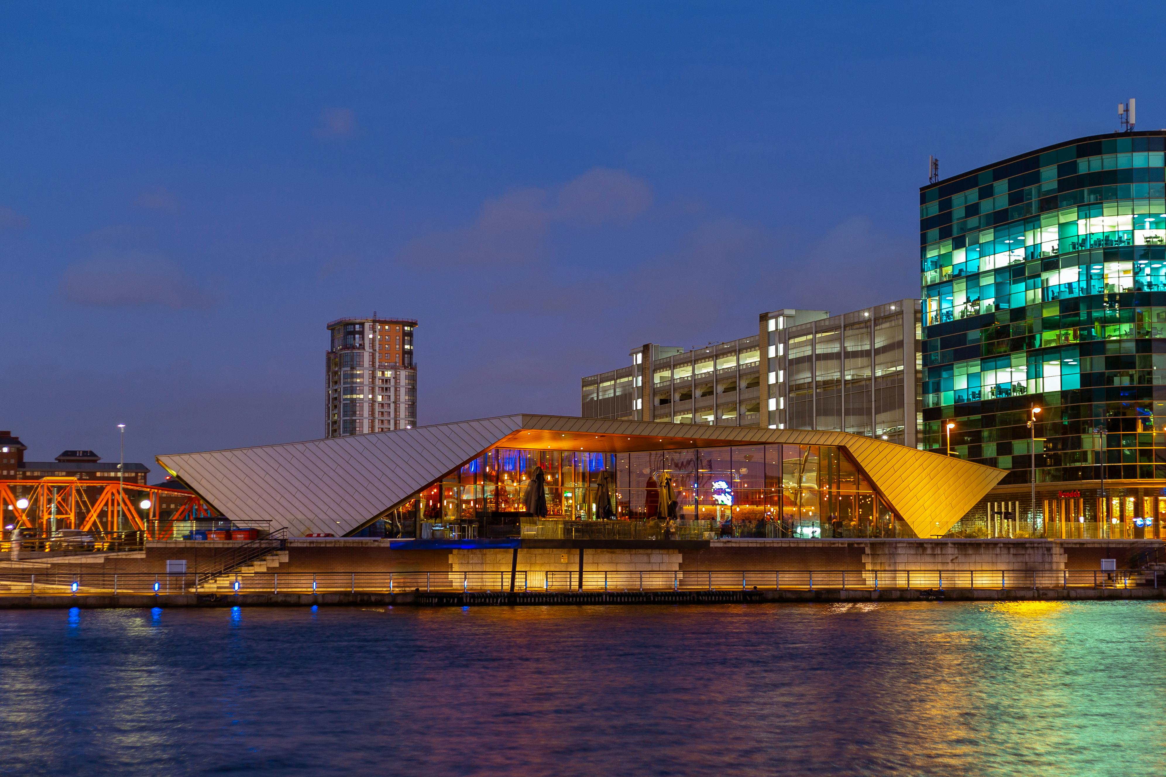 Cityscape of Manchester with landmarks and nightlife